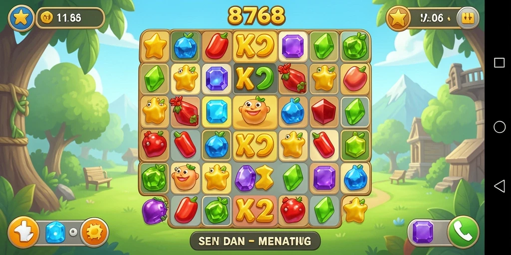 Screenshot menampilkan gameplay Match-3 yang penuh warna dan seru.
