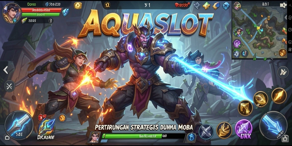 Tampilan seru dari pertarungan gameplay AQUASLOT di arena MOBA.
