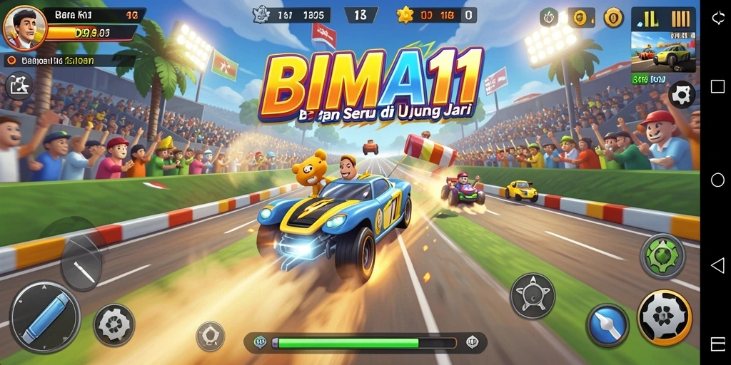 Tangkapan layar gameplay BIMA11 yang menggambarkan balapan mendebarkan di trek yang menantang.