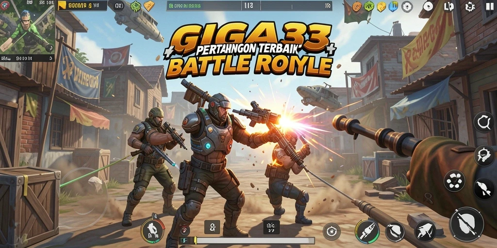 Screenshot gameplay GIGA33 menunjukkan pertempuran yang mendebarkan di arena Battle Royale.