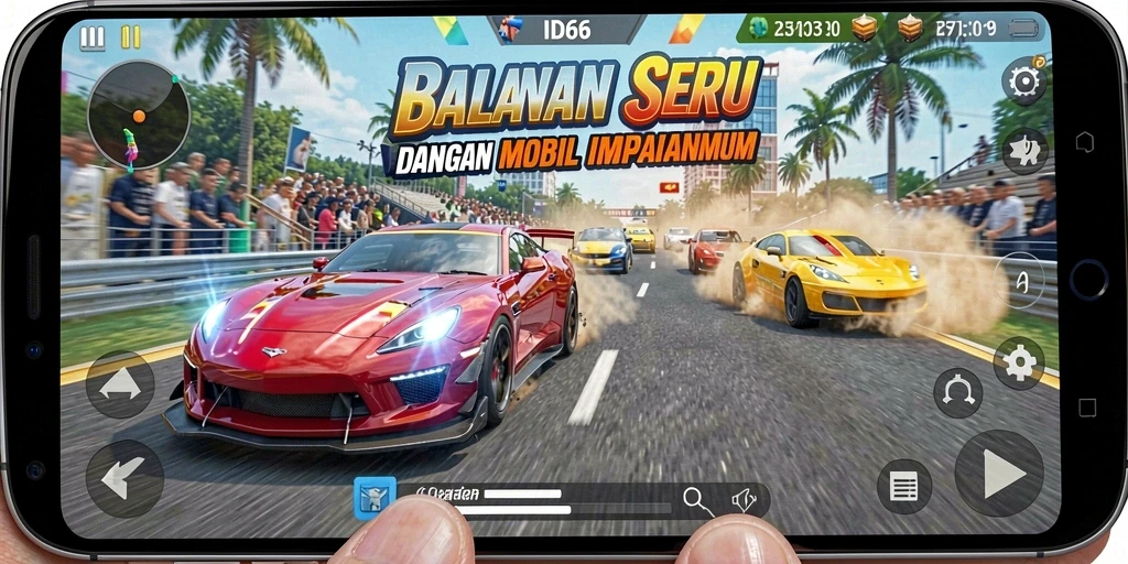 Gameplay seru dalam ID66 menampilkan balapan mendebarkan.