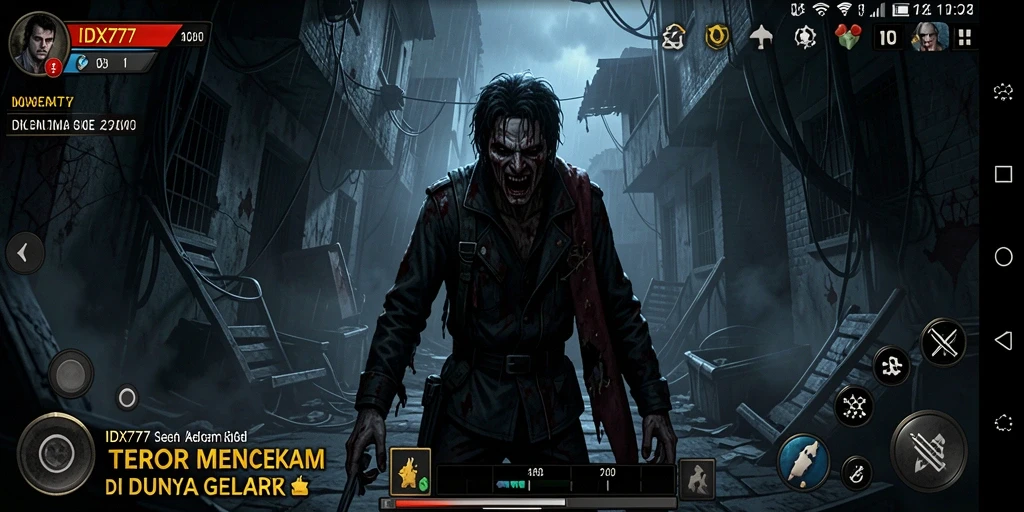 Screenshot gameplay dari IDX777 menunjukkan lingkungan menyeramkan dan makhluk yang mengancam.