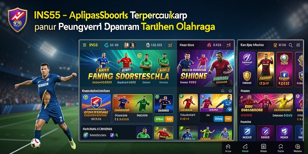 Tangkapan layar utama INS55 menunjukkan tampilan aplikasi taruhan olahraga yang modern.