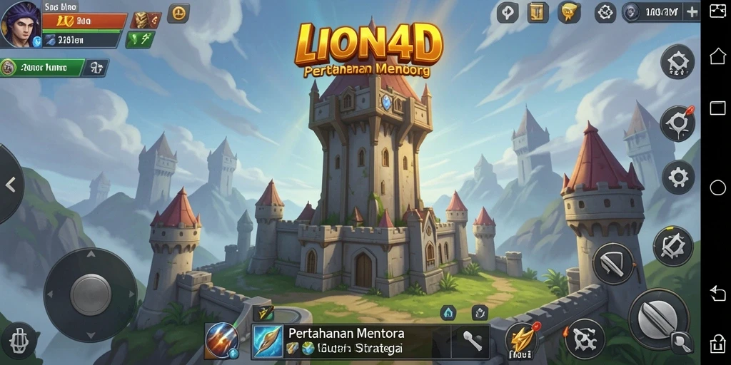 Gameplay LION4D dengan menara pertahanan melawan gelombang musuh.