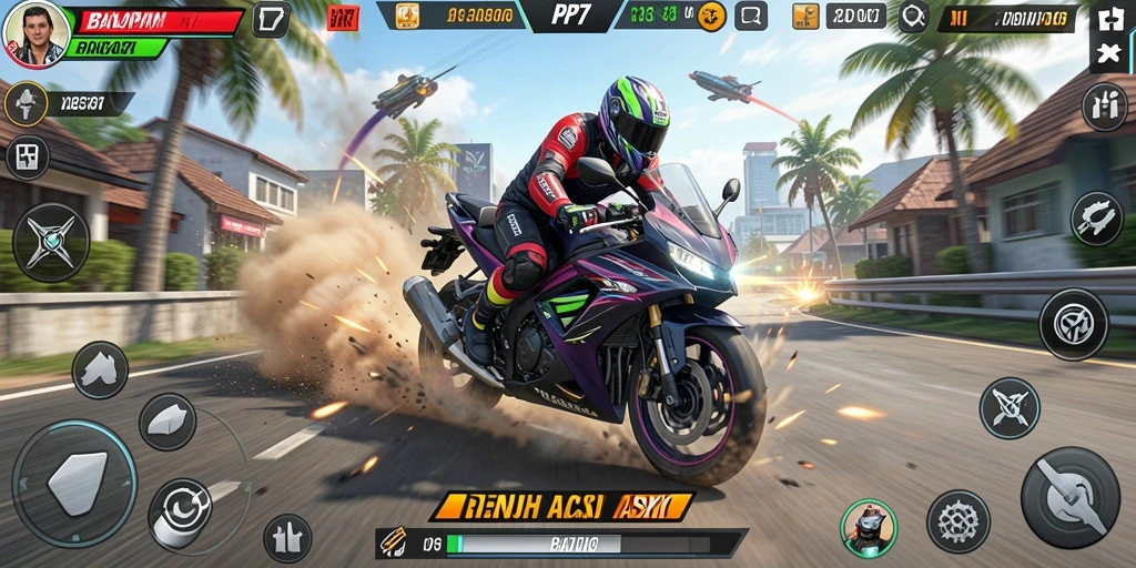 Gameplay PP7 dengan aksi balapan motor penuh adrenalin.