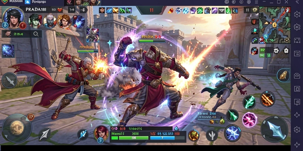 Screenshot utama PRADA188 menampilkan aksi intens dalam pertempuran MOBA.