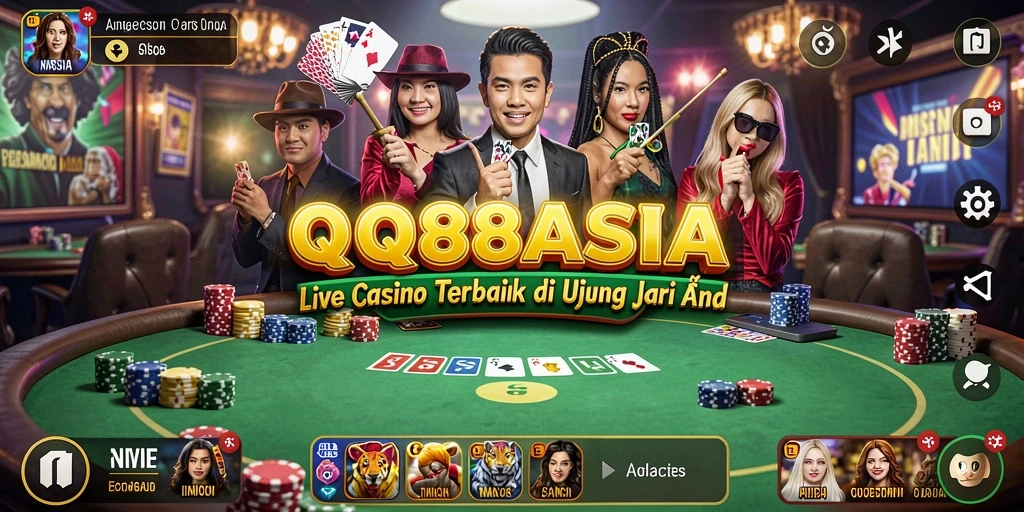 Screenshot gameplay QQ88ASIA yang menunjukkan dealer dan pemain dalam suasana Live Casino.