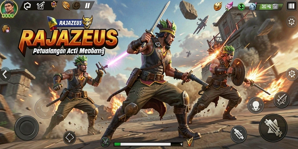 Screenshot RAJAZEUS menampilkan aksi seru dalam pertempuran.