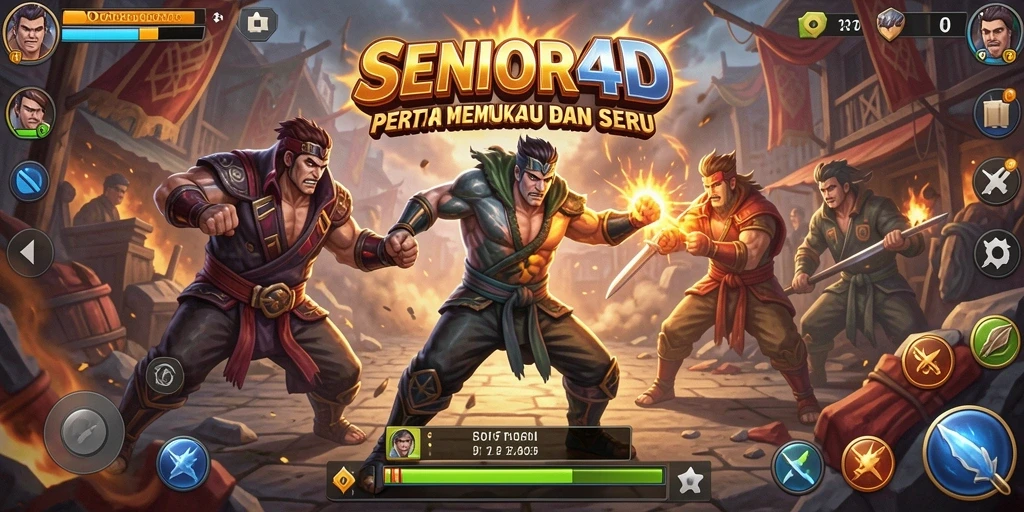 Screenshot utama SENIOR4D menampilkan pertarungan karakter yang menegangkan.